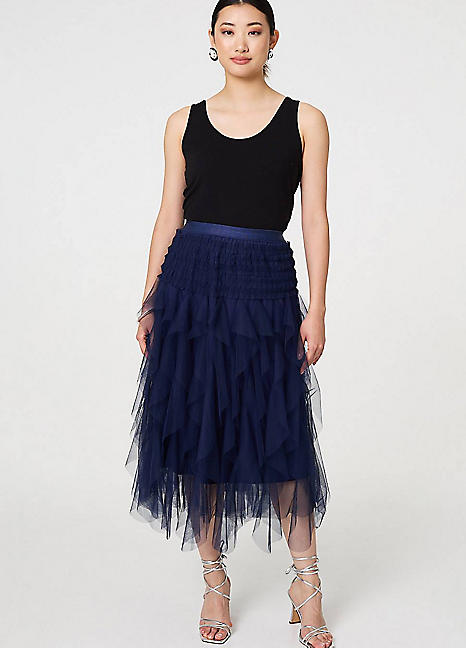 Izabel London Navy Ruffled Sheer Mesh High Waist Midi Skirt