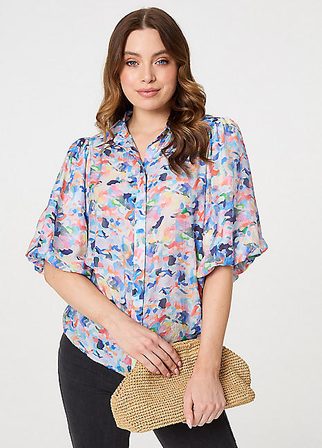 Izabel London Printed Puff Sleeve Collared Shirt Kaleidoscope