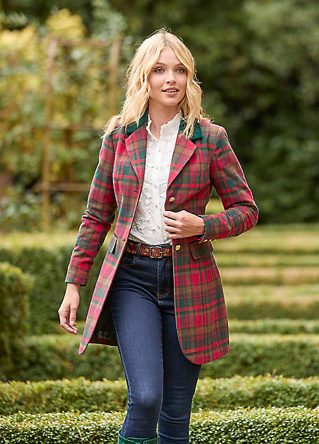 Joe Browns Longline Velour Trim Check Coat Kaleidoscope