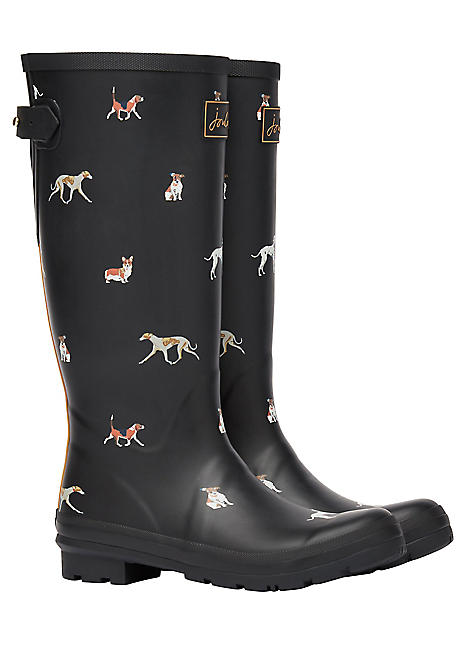 joules black printed wellies with back gusset