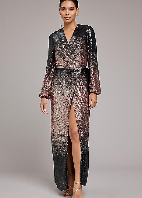 パーティードレス Black Pleated Sequin Embellished Maxi Silk Gown On The Rise Black Sequin High-Neck Strappy-Back Split Maxi