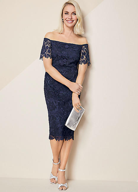 Navy blue lace cheap bardot dress