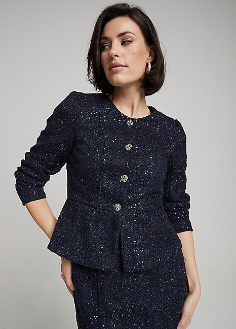 Kaleidoscope Navy Peplum Boucle Jacket | Kaleidoscope