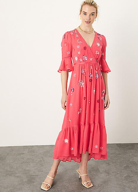 Monsoon Aimee Embellished Wrap Dress in Recycled Polyester | Kaleidoscope