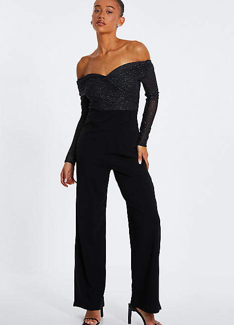 Black Glitter Quiz Black Playsuit Quiz Black Glitter Mesh Bardot