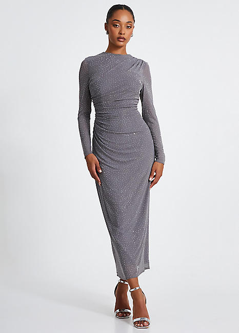 Quiz Grey Glitter Mesh Long Sleeve Maxi Dress Kaleidoscope