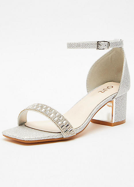 Quiz Silver Shimmer Low Block Heel Sandals Kaleidoscope