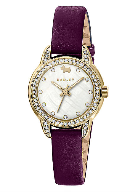 Radley London Gold Plated Stone Set Mother of Pearl Deep Purple Leather Strap Watch