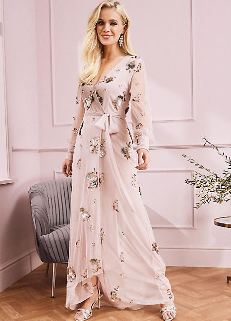 【Mac Duggal】Blush☆キュート 花柄プリント シフォン ドレス Together Blush Beaded Maxi Dress | Kaleidoscope