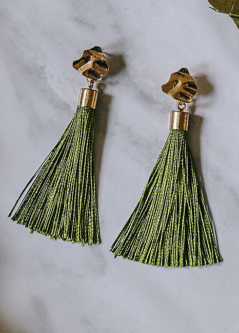 Olive green sales tassel earrings