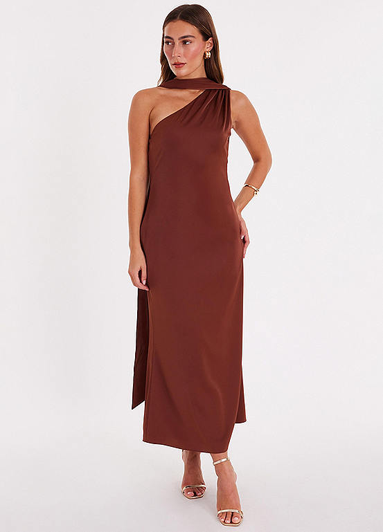 Quiz Brown Satin Midaxi Dress with Scarf Detail