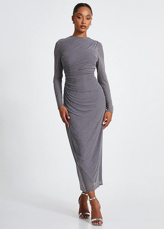 Quiz Grey Glitter Mesh Long Sleeve Maxi Dress