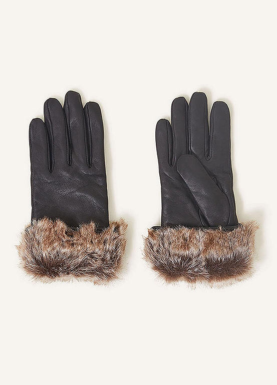 Accessorize Faux Fur Trim Leather Gloves