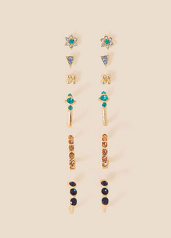 Accessorize Gem Stud & Hoop Earrings 6 Pack Kaleidoscope