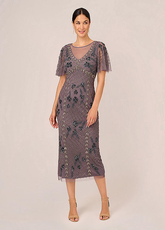 Adrianna Papell Flutter Beaded Ankle Dress | Kaleidoscope