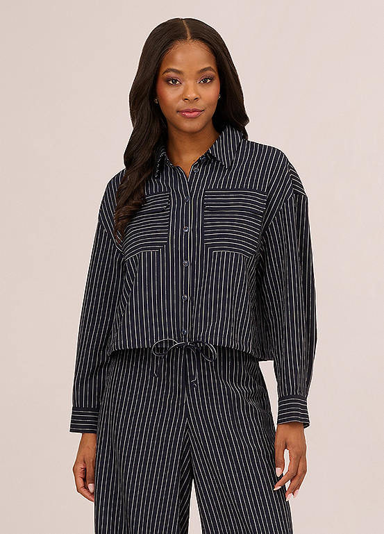 Adrianna Papell Pinstripe Button Up Woven Jacket Drawstring