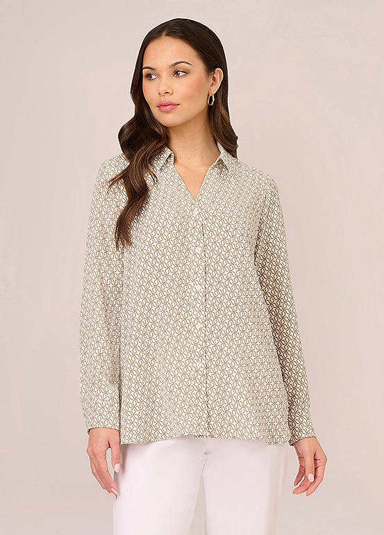 Adrianna Papell Printed Texture Airflow Woven Long Sleeve V-Collar Shirt