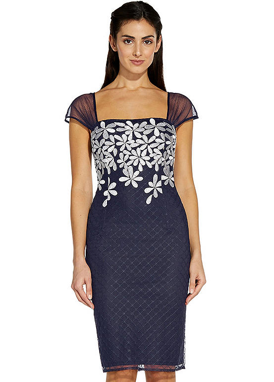 Adrianna Papell ’Floral Lattice’ Embroidered Short Sheath Dress