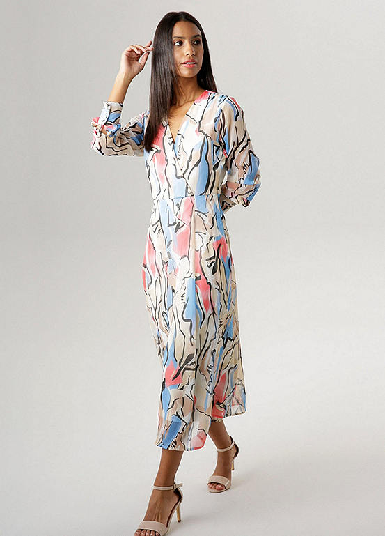 Aniston Printed V-Neck Wrap Midi Dress