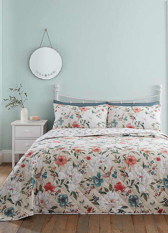 Catherine Lansfield Pippa Floral Birds Bedspread | Kaleidoscope