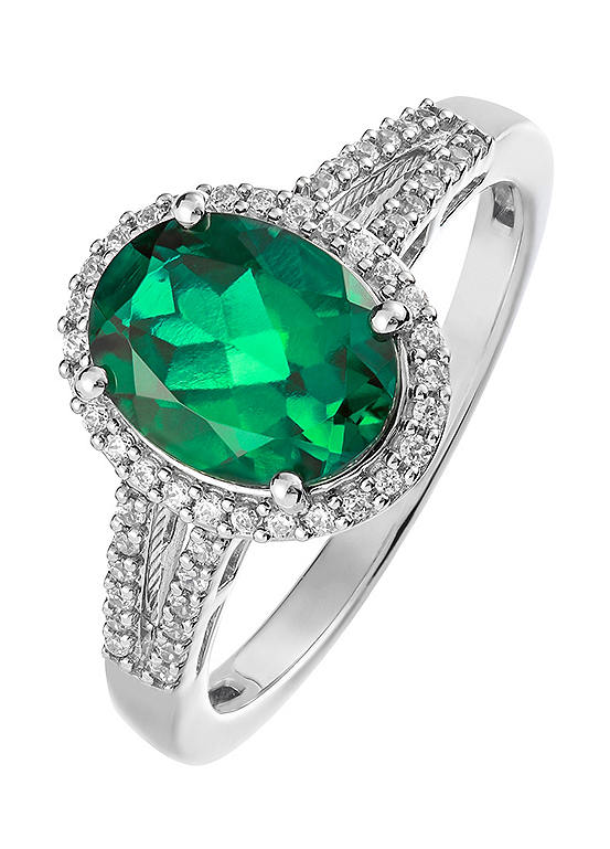 Colour Collection 9ct White Gold Created Emerald and 0.17ct Diamond Ring