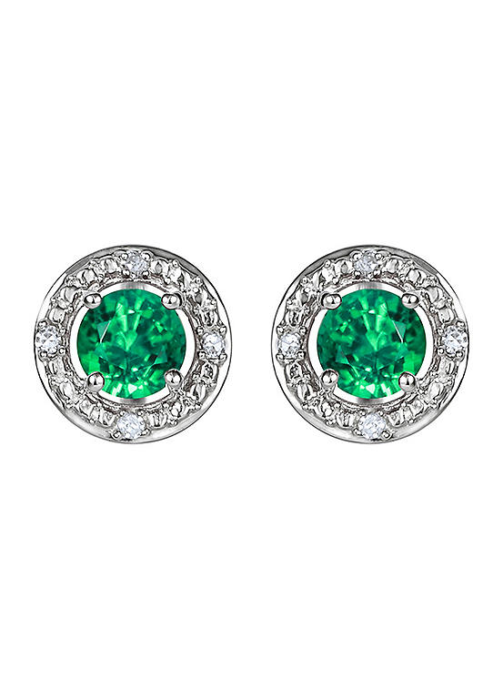 Colour Collection Sterling Silver Created Emerald and Diamond Earrings