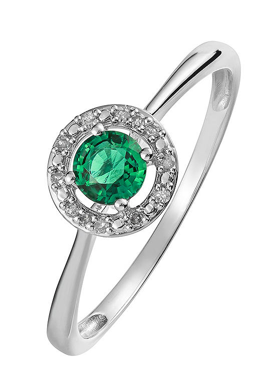 Colour Collection Sterling Silver Created Emerald and Diamond Ring