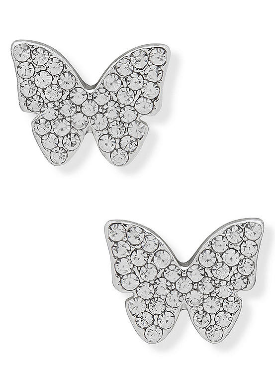 DKNY Pave Crystal Butterfly Stud Earrings in Silver Tone
