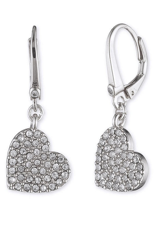 DKNY Pave Crystal Heart Drop Earrings in Silver Tone