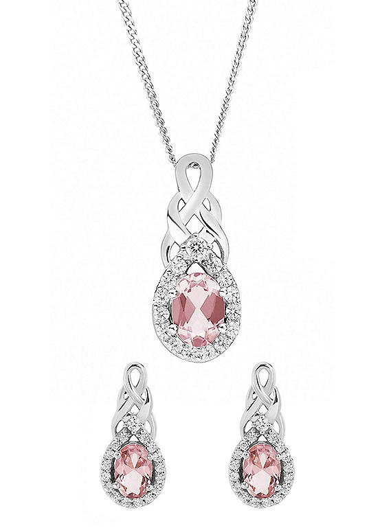 Emily & Ophelia Sterling Silver Cubic Zirconia & Nano Morganite Entwined Pendant Necklace & Earrings Set