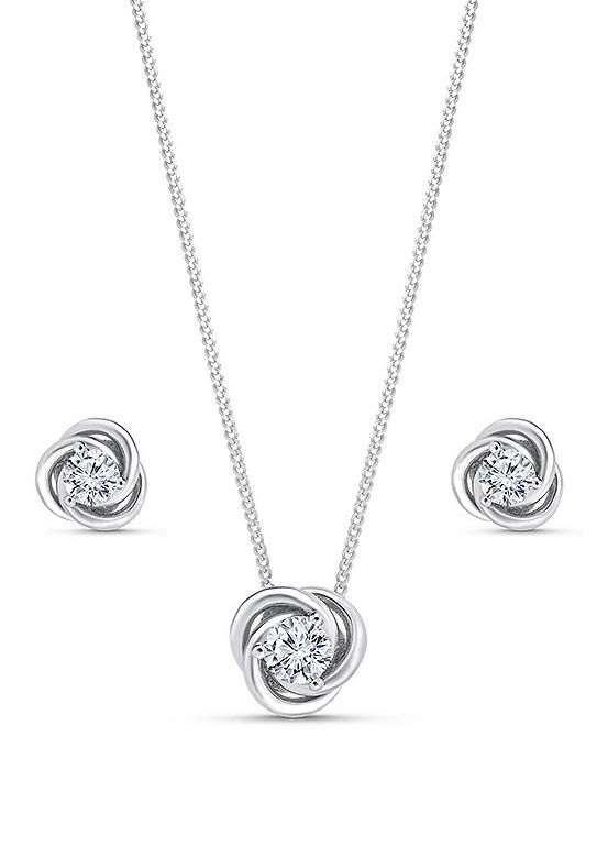 Emily & Ophelia Sterling Silver Cubic Zirconia 10mm Knot Pendant and 8mm Earring Set
