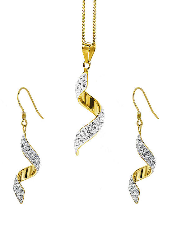 Evoke Sterling Silver Gold Plated Crystal Swirl Drop Earring & Pendant Set