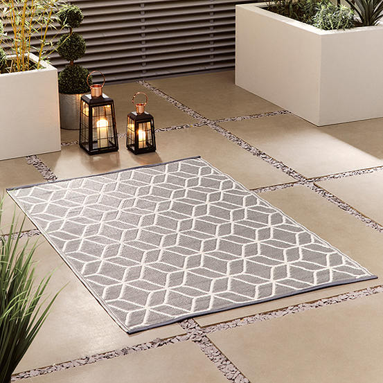 Fallen Fruits Graphical Design Grey & White Reversible Outdoor Rug