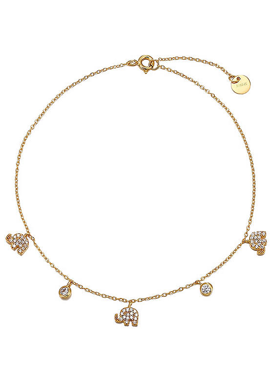 For You Collection 18ct Gold Plated Sterling Silver Cubic Zirconia Elephant Charm Adjustable Anklet