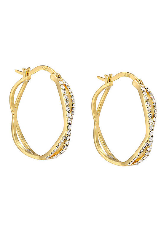 For You Collection 18ct Gold Plated Sterling Silver Double Cross Over Crystal Creole Hoop Earrings