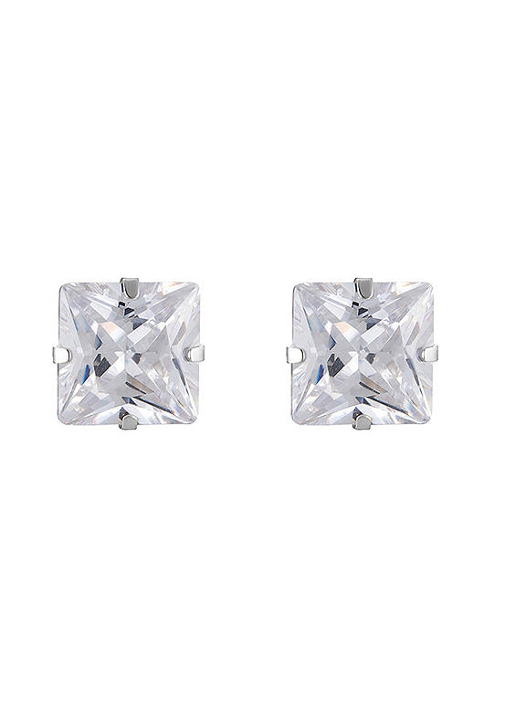 For You Collection 9ct Solid White Gold 5mm Princess Cut Square Cubic Zirconia Stud Earrings
