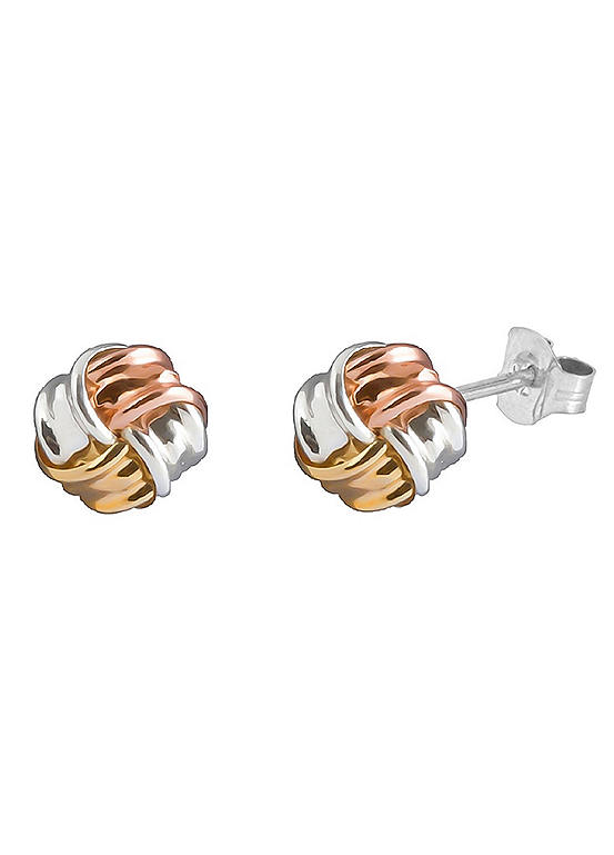 For You Collection Sterling Silver & 9ct Solid Gold Tri-Colour Knot Stud Earrings