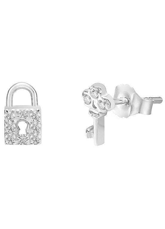 For You Collection Sterling Silver Cubic Zirconia Lock & Key Mismatched Stud Earrings