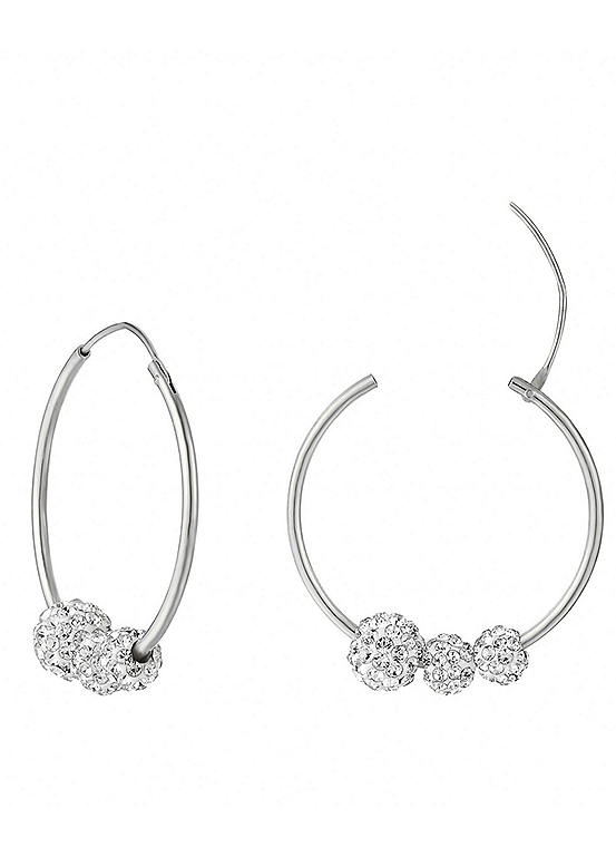 For You Collection Sterling Silver Triple Crystal Glitterball Lightweight 25mm Hoop Earrings
