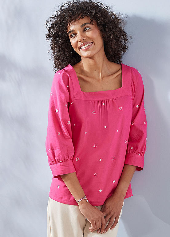Freestyle Amelia Pink Cotton Linen Blend  Embroidery Star Square Neck Top