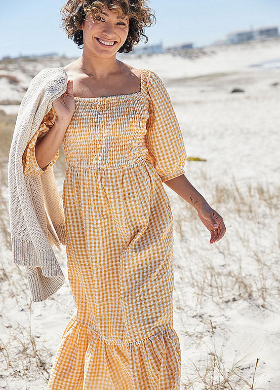 Freestyle Indie Yellow Gingham Tiered Midi Dress