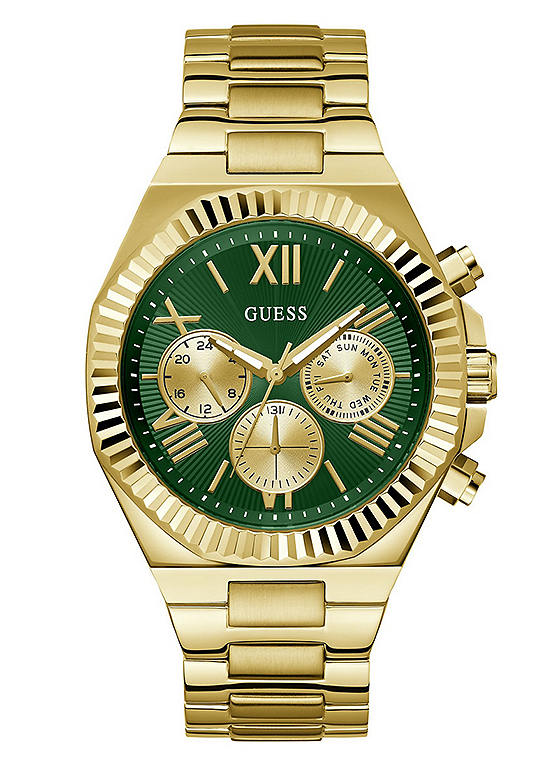 Guess Men’s Brushed Gold Case, Sunray Green Multi Function Dial Brushed And Polished Gold Bracelet Watch
