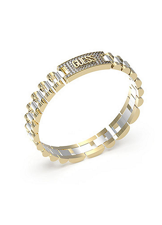 Guess Steel And Gold Plated Pave Tag Empire Bracelet