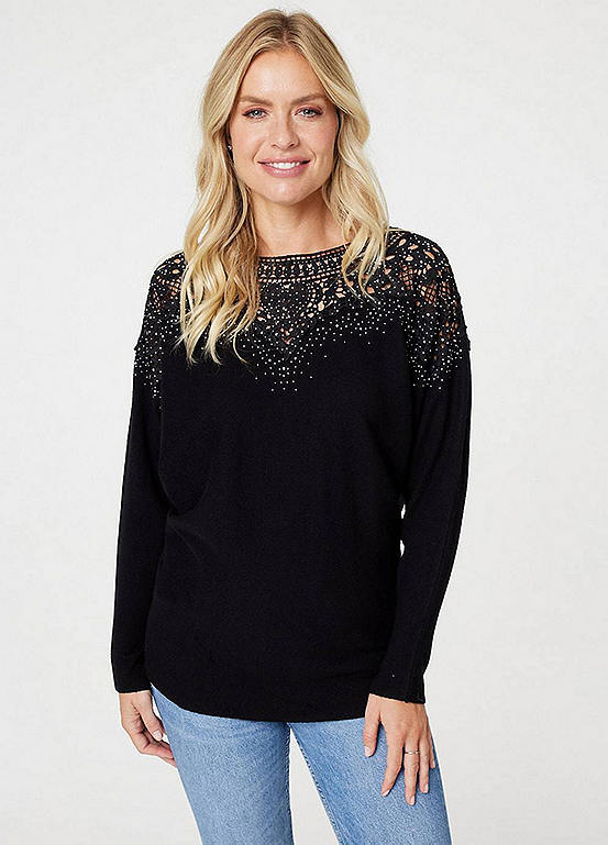 Izabel London Black Lace Detail Relaxed Fit Knit Top