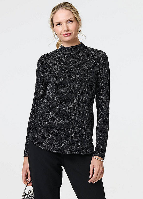 Izabel London Black Sparkle Knit Long Sleeve High Neck Top Kaleidoscope