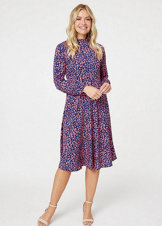 Izabel London Blue Leopard Print High Neck Tea Dress | Kaleidoscope