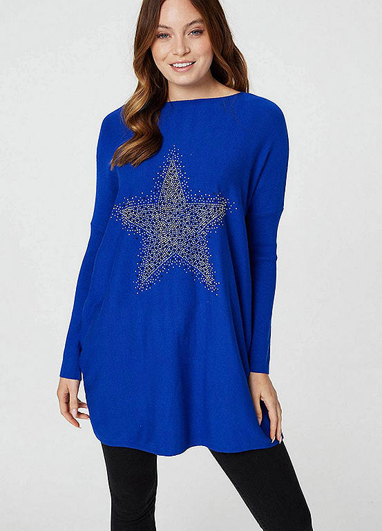 Izabel London Cobalt Blue Star Embellished Knit Tunic Top