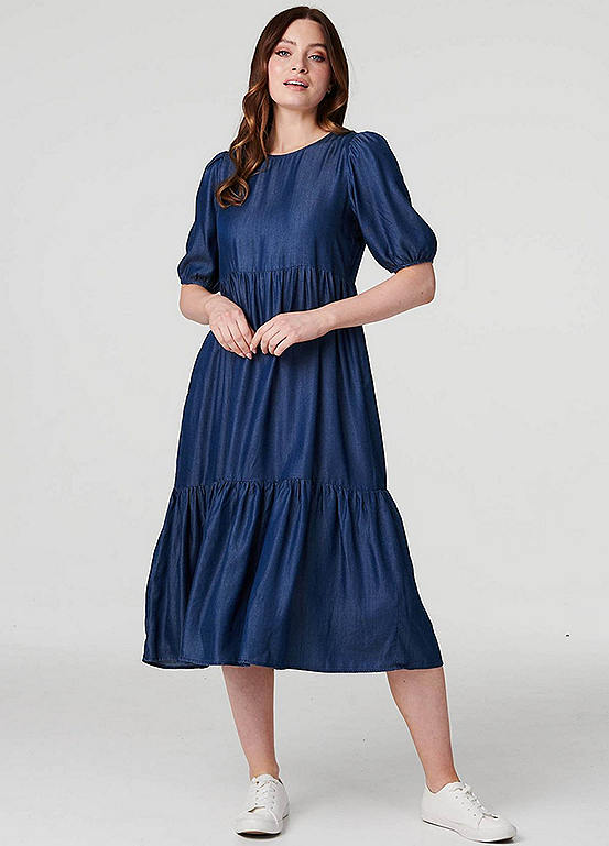 Izabel London Denim Blue Tiered Half Puff Sleeve Midi Dress | Kaleidoscope