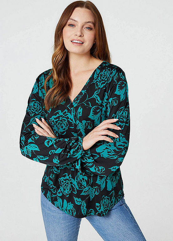 Izabel London Green Multi Floral Long Sleeve Relaxed Blouse