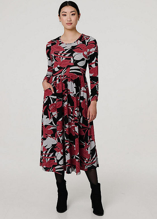 Izabel London Multi Black Floral Long Sleeve Pleated Midi Dress Kaleidoscope 6515